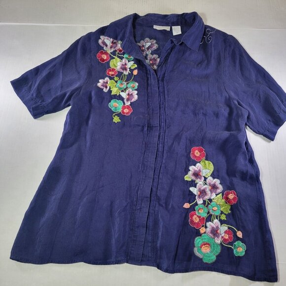 Soft Surroundings Women Purple Embroidered Floral Button-Down Shirt Top Size M - Picture 1 of 11